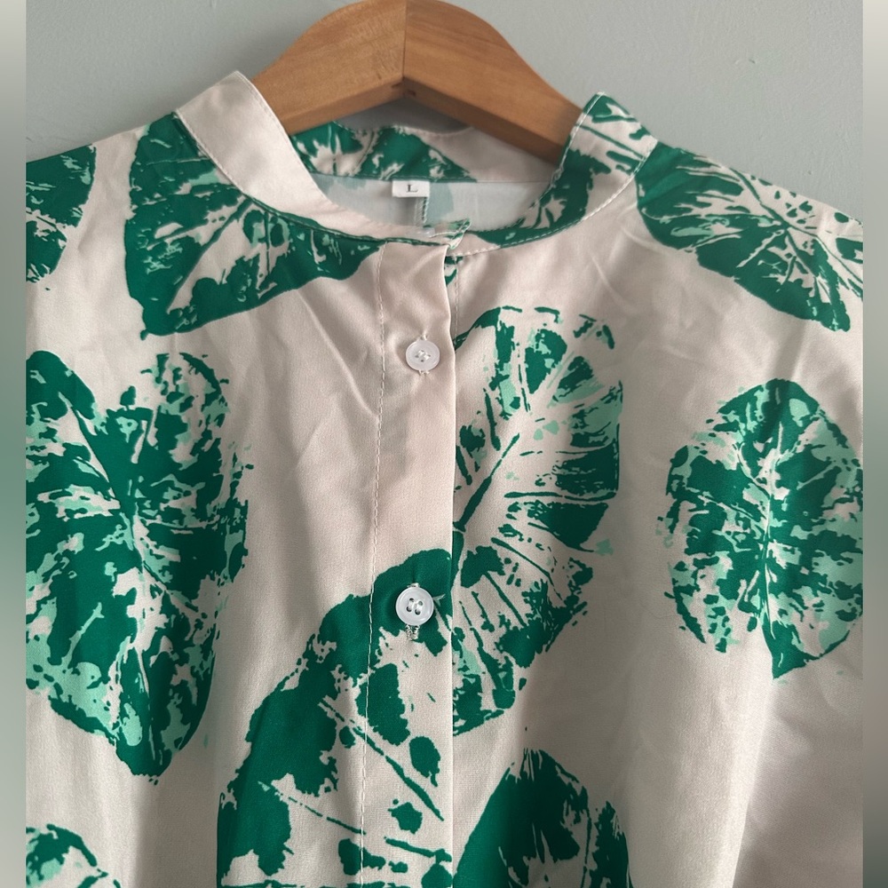 NWOT SHEIN Tropical Print Lantern Sleeve Belted Shirt Dress - Picture 10 of 11